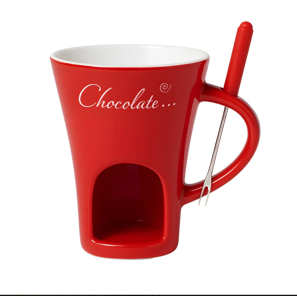 Red ceramic chocolate fondue mug with fondue fork